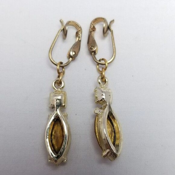 Vintage Orange Marquise Shape Rhinestone Dangle Clip On Earrings, Estate - Picture 3 of 6